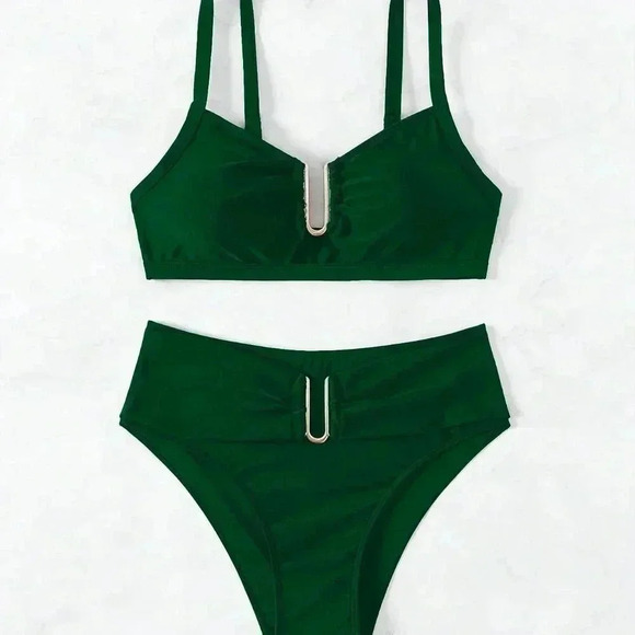 Dark Green Women's U-Shaped Ring Design Sexy Bikini Set - Picture 6 of 8